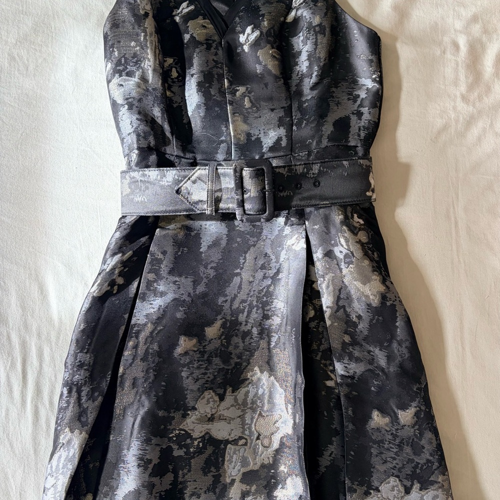 White House Black Market Black and Gray Floral Jacquard Dress